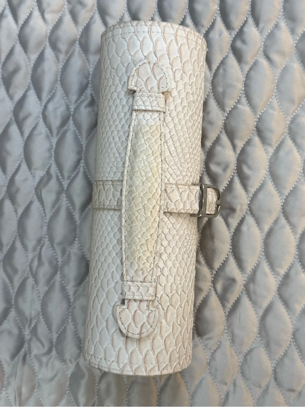 Cream Snakeskin textured Jewelry case with Silver Buckle